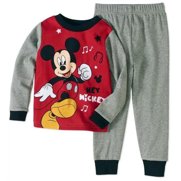 Disney Mickey Mouse Boys 2-Pc Sleepwear Pajama Set 3T Toddler Red Gray Cotton - Picture 1 of 8